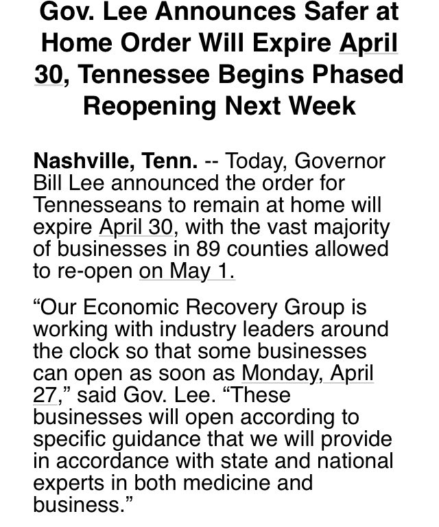 MemphoNewsLady's tweet photo. BREAKING: Tennessee @GovBillLee says the state’s Safer at Home order will expire April 30th. Most businesses to re-open May 1st. #COVID19 https://t.co/ROhc96vUjJ