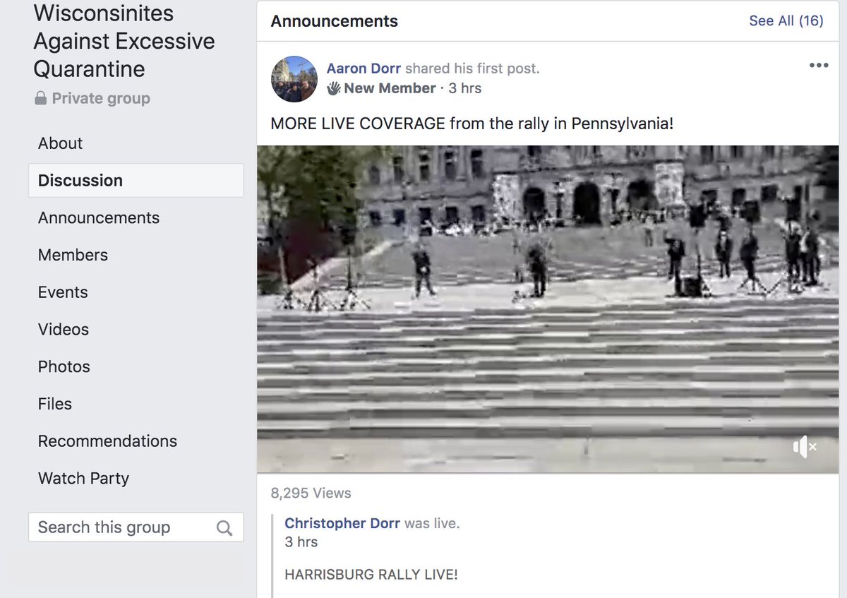 Christoper Dorr is at the Harrisburg rally and Aaron Dorr shared Christoper Dorr's livestream into the Wisconsinites Against Excessive Quarantine group (101,211 members currently). It's probably shared in the other groups as well but they kicked me out and blocked me.