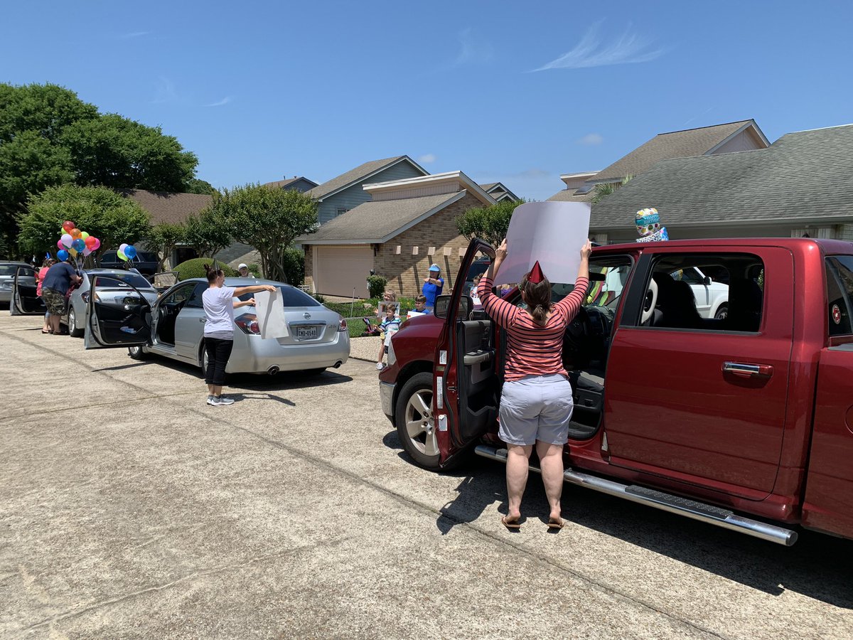 Met with the team at PFE‘s parking lot for a birthday parade today! At least I got to use my parking spot!  Lane, Luke and Liam helped celebrate!  <a href="/HumbleISD_PFE/">Pine Forest Elem</a> <a href="/HumbleISD/">Humble ISD</a> #onesmallsteppfe #PFEstrong