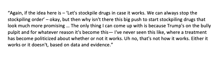 In an interview,  @DrDenaGrayson told me the government sometimes stockpiles drugs during emergency situations before their efficacy against a disease can be proven, but the singular focus on hydroxychloroquine seems political.