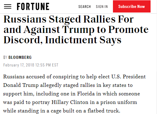 Yes, Russia helped Trump win in 2016 but their real goal was just to tear America apart and shake our faith in democracy and each other. They even convinced some people to go out to real life events and do things like put effigies of Hillary into cages on the back of a truck.