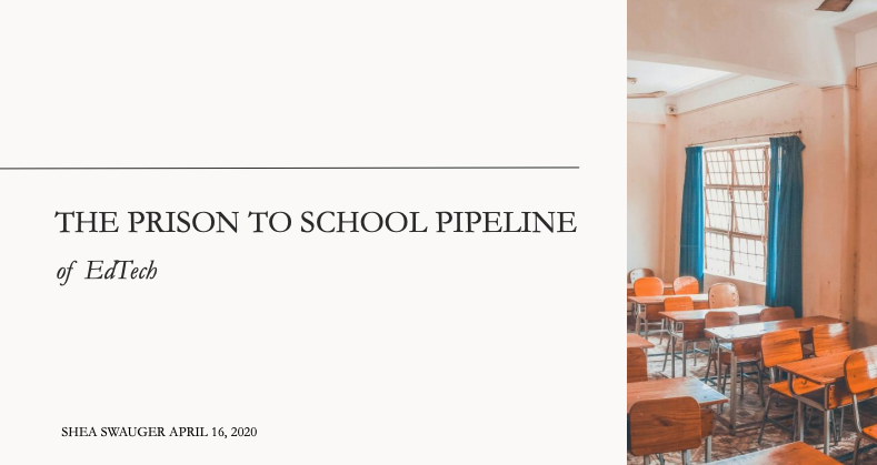 SheaSwauger's tweet photo. Thank you #elcc2020! Here are my slides to 'The Prison to School Pipeline of EdTech'.

We got into Mass Incarceration, white supremacy, the School to Prison Pipeline, surveillance, and how education is using technology from prisons and policing.

https://t.co/lMi4OoTbBc https://t.co/4fLUM1rKvO