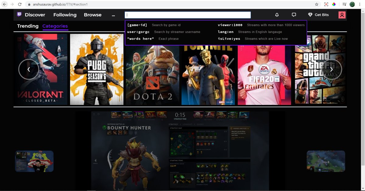 anshusaurav's tweet image. anshusaurav.github.io/TTV/
Playing with Twitch API.
Features added to the last version.
Asynchronous Image Load.
Netflix Style Carousel using HTML and CSS.
Using CSS Variables for Tooltip
Working on Stackoverflow styled search with options. 
@AltCampus
#AsyncJs
#TwitchAPI