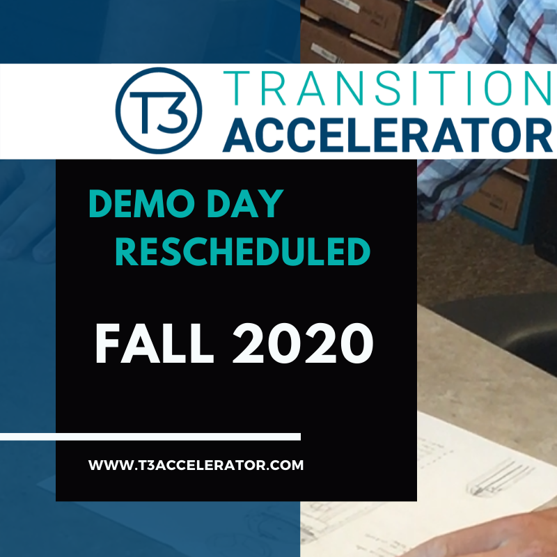 T3Accelerator's tweet photo. Due to the uncertainties of #COVID19, the T3 Demo Day will be rescheduled for Fall 2020. Our participants along with @AFResearchLab, @AF_SBIR_STTR, @tecdayton & @wbiinnovates, continue to work diligently every day! The official date will be announced soon! #collaboration https://t.co/8XpigAK7tL
