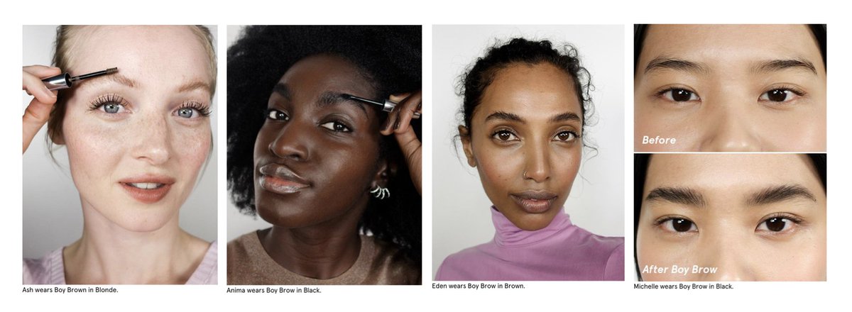 Inclusive photography.Glossier has made a significant investment in photography to show customers using their products (versus still product shots). They show models from different backgrounds to help them see how the brand's products fit into their lives.