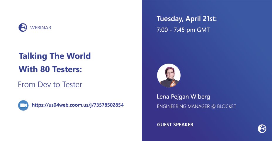📢CHANGE: Due to some technical issues, tomorrows webinar "From Dev to Tester" with myself, @grhmellis and <a href="/LenaPejgan/">yes</a> will now be available via @zoom_us us04web.zoom.us/j/73578502854

We really hope you can join us! RTs appreciated.