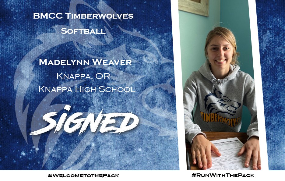 athletics_bmcc's tweet photo. SIGNED!! Please help us welcome Madelynn Weaver to the BMCC softball team! Madelynn is a pitcher from Knappa, OR. We are so excited to have her join the Timberwolves! #RunWithThePack #WelcometothePack https://t.co/eIhXyopLBH