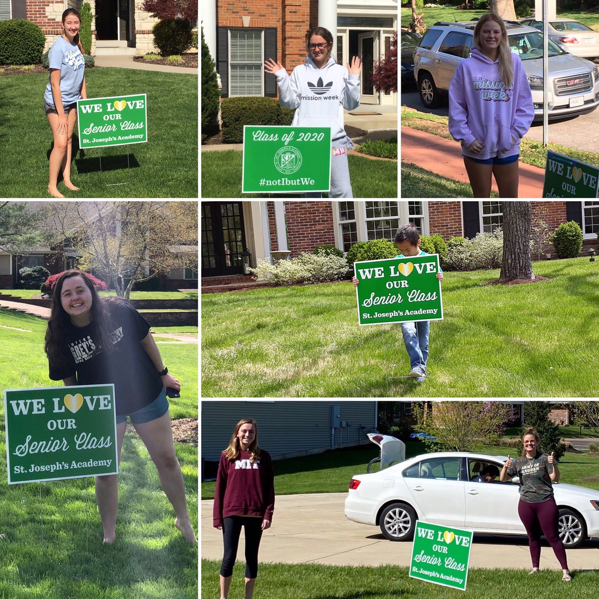 StJoeAngels's tweet photo. It is hard to believe that today was the #SJA2020’s last day of classes! St. Joe faculty &amp; staff are celebrating this group of intelligent, courageous and faith-filled women by dropping off special yard signs and graduation items to each senior Angel. We 💚 #SJA2020 #NotIButWe 😇 https://t.co/c5KWfbrNrM