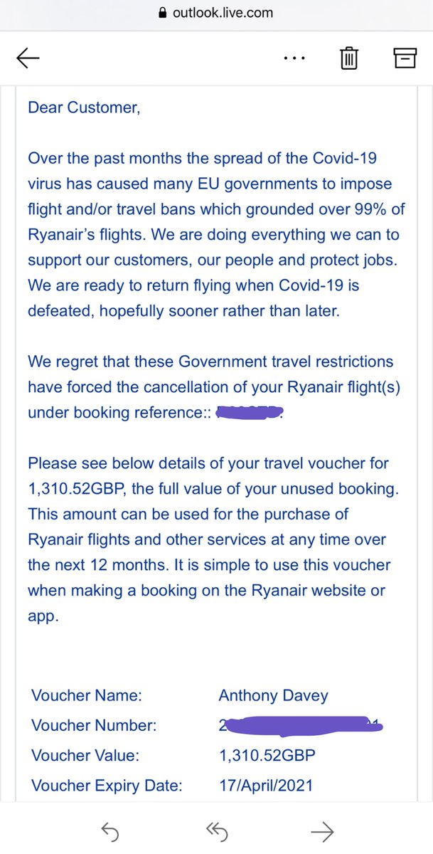 Requested refund with <a href="/Ryanair/">Ryanair</a> on 24.03.20 spoke to ‘the robot’ 19.04.20 who says refund ‘should’ be paid by 1st May. Today get this email - well firstly take your voucher and shove it where the sun don’t shine, stop ignoring people, provide a customer service &amp; GIVE ME MY MONEY