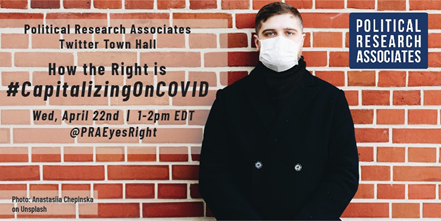 Image of a white man in a white mask and a black pea coat standing against a brick background. The text of the image contains the information in the attached tweet. 
