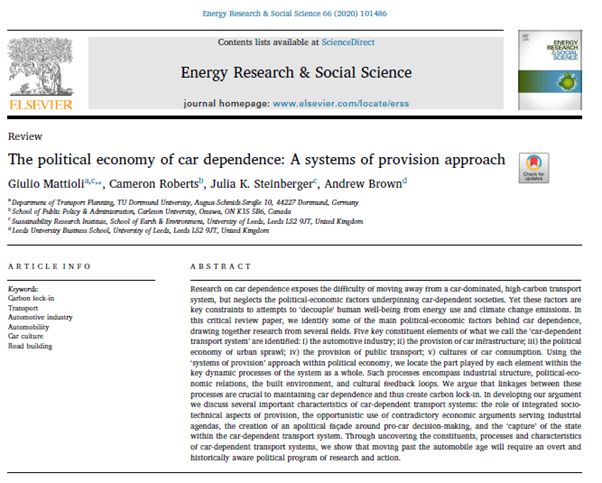 For the  #ClimateCrisis, we need to reduce car ownership & use. And yet it’s so hard to do. Why? We believe it has to do with the political economy of car dependence Thread on my new  @liliproj paper with  @JKSteinberger  @bikeademic & Andrew Brown  https://doi.org/10.1016/j.erss.2020.101486