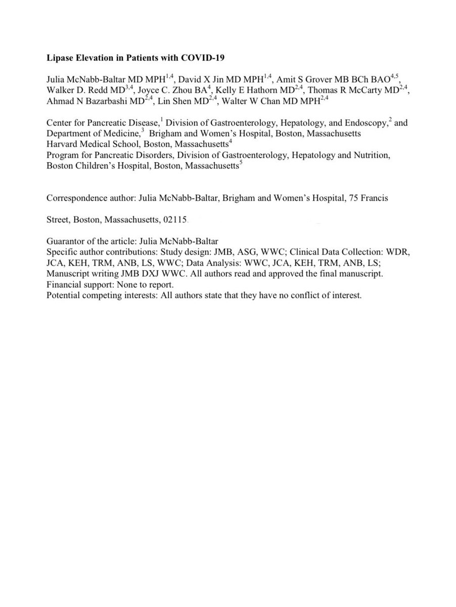 WalterChanMD's tweet photo. Does #COVID19 cause pancreatic injury (as suggested in report from China)?

Our new study in #AmJGastro: among hospitalized COVID pts w/ elevated #lipase, NONE met criteria for acute #pancreatitis &amp; no difference in outcome/mortality was noted. @BrighamGI

https://t.co/Wlg4g7fKwy https://t.co/pWqd4rkzXe