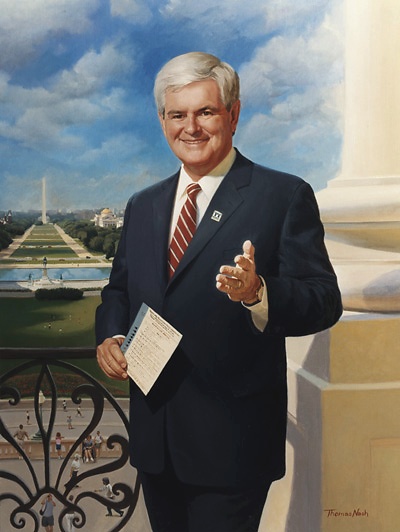 Newt Gingrich is the only Speaker doing a weird hand thing. The Contract with America makes total sense. The other hand is waiving? Offering a dance? Making an obvious yet unspoken point?