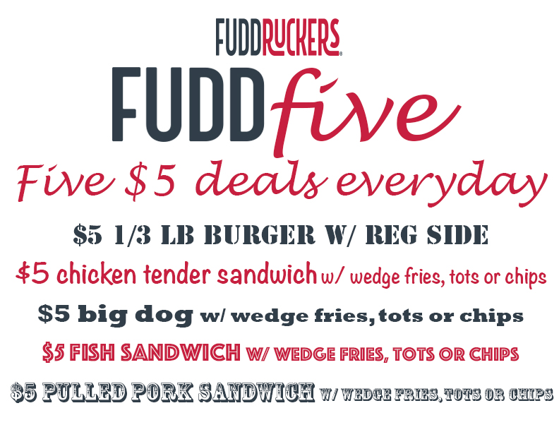 Check out these five $5 curbside meal deals at Fuddruckers, all day, everyday! Mon- Sat 11-8, Sun 11-5
