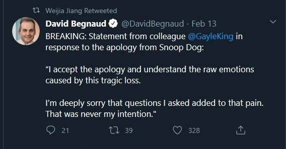 Feb 13.. you seem to get a big Twitter itch, taking jabs at  @TeamTrump and sending 13 tweets. Wow you sent 1 tweet on Coronavirus too, oh wait, 1 Corona RETWEET, and 1 from you picking a "quote" retweet fight with President  @realDonaldTrump. And a Retweet on Snoop Dogg, again.