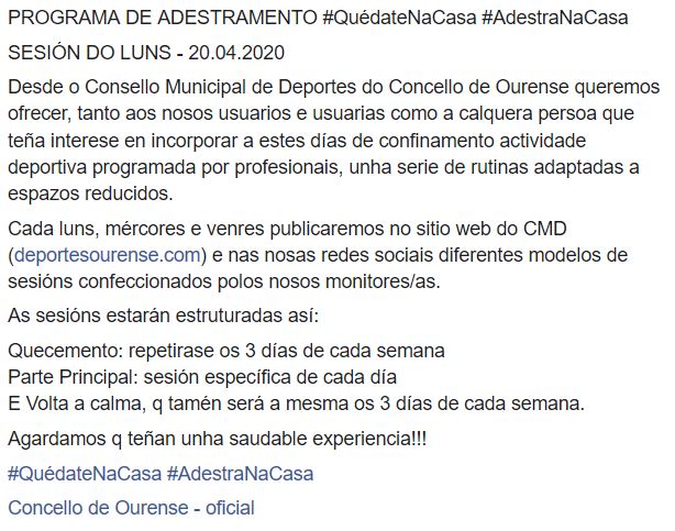 cmdourense's tweet photo. PROGRAMA DE ADESTRAMENTO #QuédateNaCasa #AdestraNaCasa

SESIÓN DO LUNS - 20.04

Proposta desde o @cmdourense: Cada luns, mércores e venres publicaremos no sitio web do CMD (https://t.co/KRJ8hjuaYh) e nas rrss diferentes modelos de sesións confeccionados polos nosos monitores/as. https://t.co/NycgTqWXwZ