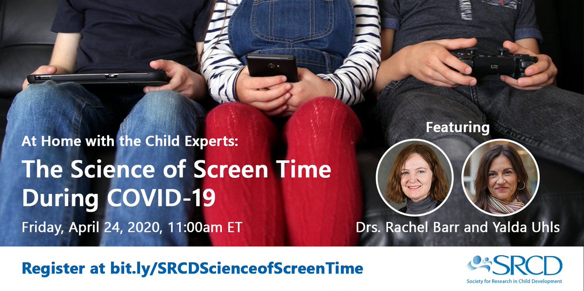 Attn parents/caregivers: Get your questions about #screentime answered by #childdevelopment experts, <a href="/ELPlearn/">Rachel Barr</a> and <a href="/DrYaldaUhls/">Yalda T Uhls, MBA, PhD</a>! Register for "The Science of Screen Time During COVID-19" (April 24, 2020, 11:00am ET): bit.ly/3cDcdUT #parenting #parentinginapandemic