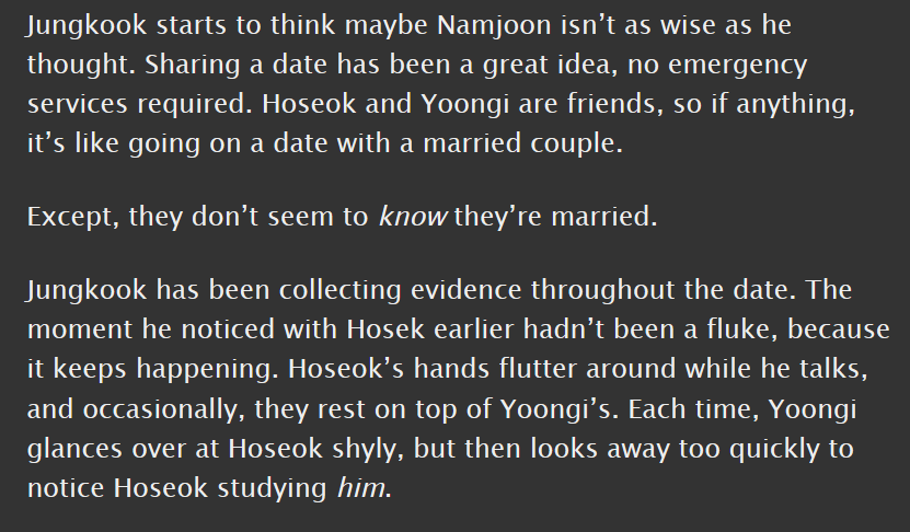 sopekook, t, 4.8k || jk accidentally schedules 2 dates for the same time, combines them bc he's a genius || very sweet and natural  https://archiveofourown.org/works/17216681 