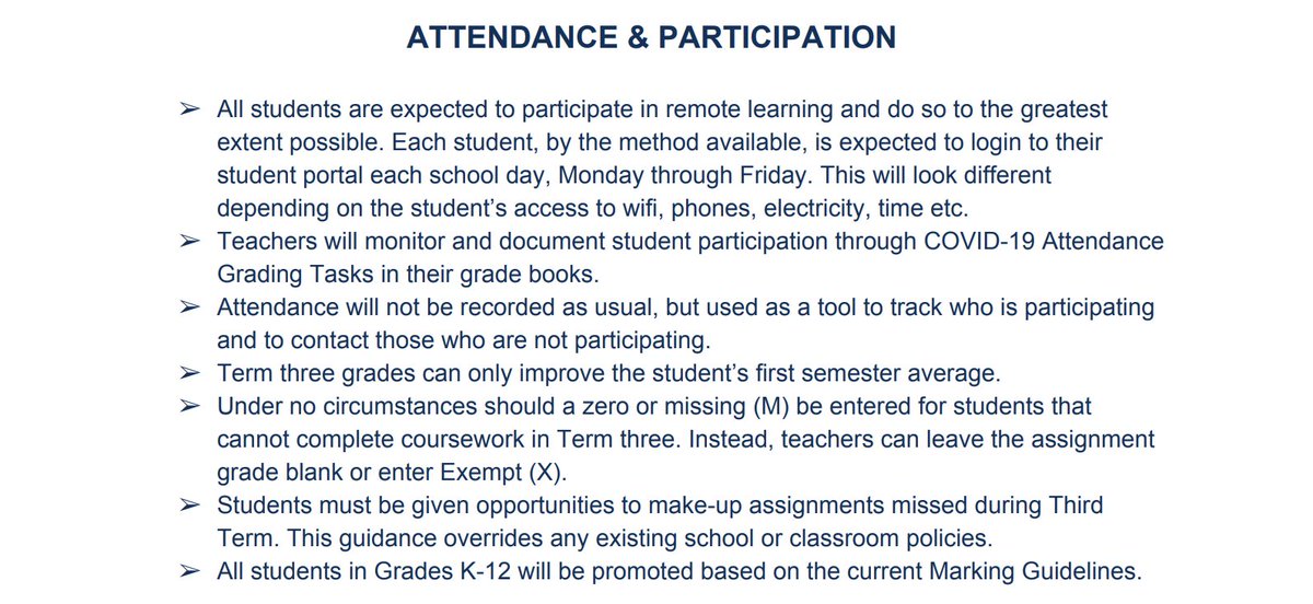 And here's a big FYI for parents...Students are expected to participate every day -- Monday thru Friday -- to "the greatest extent possible."BUT..."attendance will not be recorded as usual, but as a tool to track who is participating..." #phled