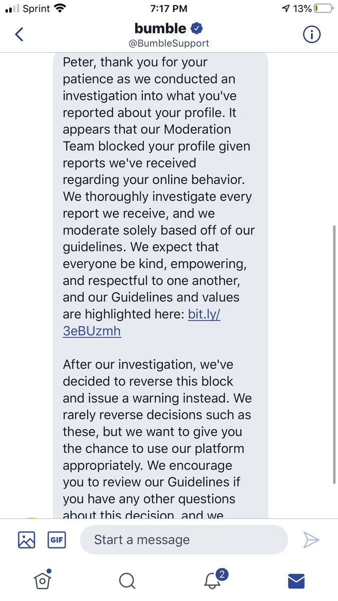 penguinpeter05's tweet photo. Aye shout out @bumble for reversing my ban https://t.co/Huj8KCkTt1