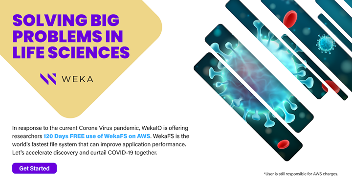 weka's tweet photo. Weka is offering 120 days free use of WekaFS on AWS for researchers! WekaFS helps shorten research windows by reducing time to recovery, insight, and discovery. Learn more at https://t.co/fEIGry17Mc https://t.co/g7xefX1NxZ