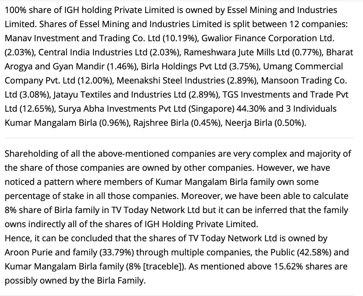 "100% share of IGH holding Private Limited is owned by Essel Mining and Industries Limited." Which is part of the Aditya Birla Group"