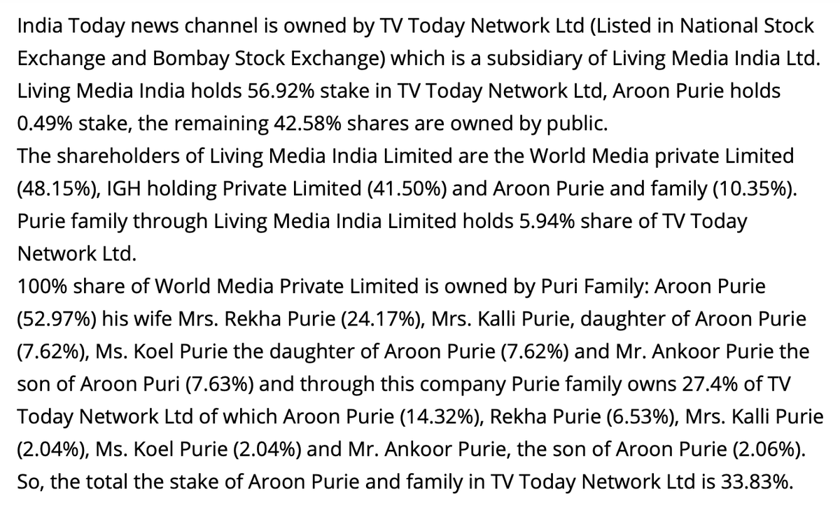 “shareholders of Living Media India Limited are the World Media private Limited (48.15%), IGH holding Private Limited (41.50%) and Aroon Purie and family (10.35%). Purie family through Living Media India Limited holds 5.94% share of TV Today Network Ltd.“