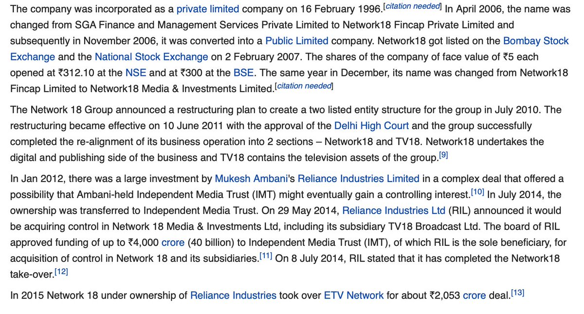 Reliance Industries and Reliance Group are separate companies both founded by the Ambani family so the crossover is there. Reliance Industries = TV18 (Network18) Reliance Group > Reliance Broadcast (ZEEL majority stake)