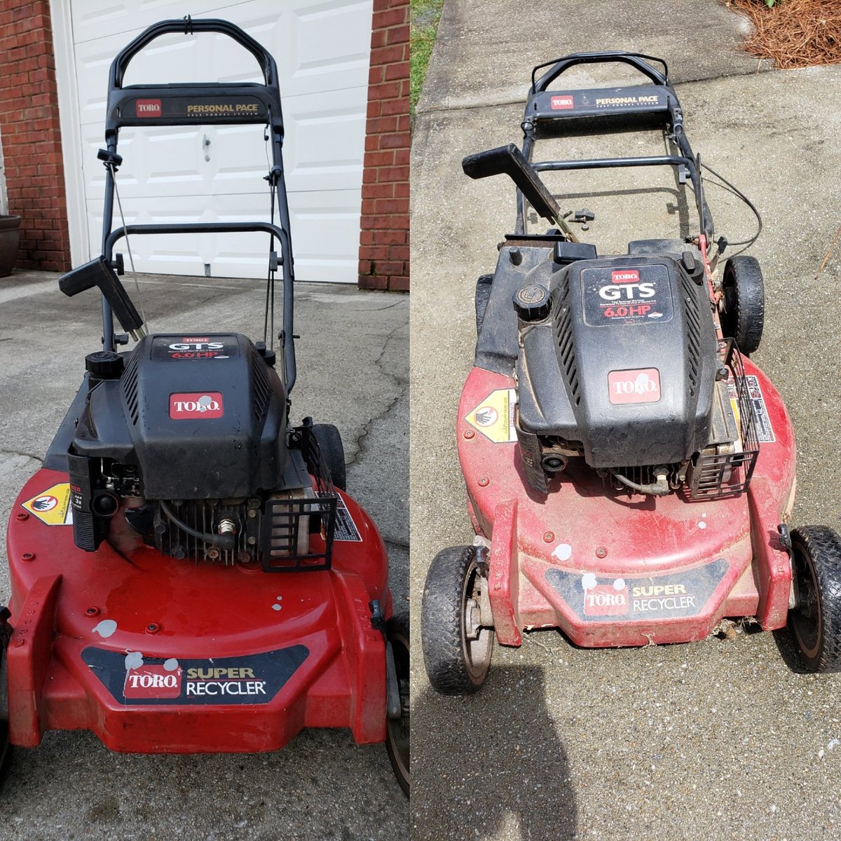UncleAlansYard's tweet image. Before and after pics! She run! New spark plug, new air filter, fresh oil, ethonol free gas, seafoam treatment and a little bath with the pressure washer! Video coming soon! @TheToroCompany  #toro #lawnmower #pushmower