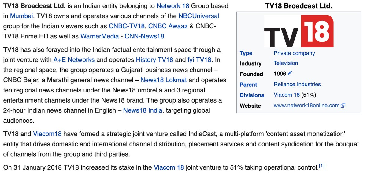 TV18 Broadcast Limited is owned by Network18 Media & Investments LimitedOwns and operates various channels of the US based NBCUniversal group.Reliance Industries Ltd took control of Network18 in 2014 under their wholly owned subsidiary Independent Media Trust