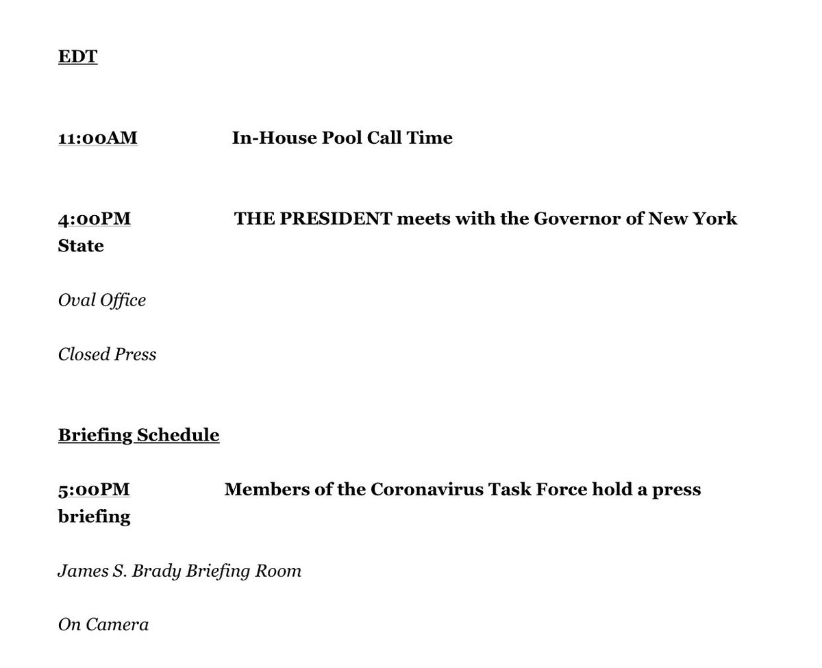 weijia's tweet photo. .@NYGovCuomo is scheduled to meet with the President at 4pm, just an hour before the daily #coronavirus task force meeting. 

Would not be surprised if Cuomo makes an appearance at the podium. https://t.co/mleX42v1xv