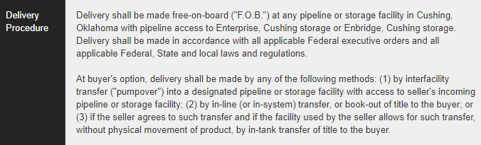 5/ The May contract stops trading tomorrow. At settlement, futures owners must either sell their contract or take physical delivery (1,000 barrels per contract, in this case) at the facility in Cushing, Oklahoma: