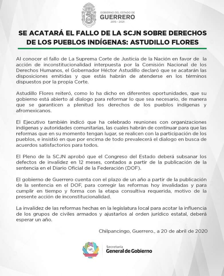 GuerreroInform1's tweet photo. Comunicado del @Gob_Guerrero sobre al fallo de la @SCJN sobre los derechos de los pueblos indígenas. https://t.co/2MdVRI8HzM