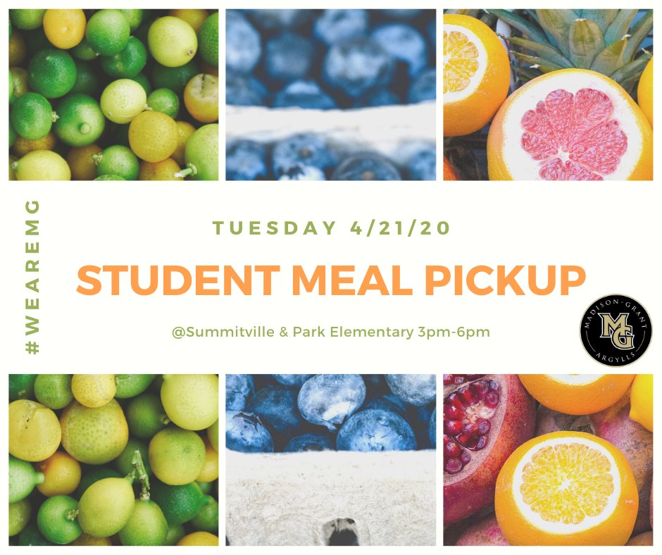 Please SHARE so everyone knows how great it would be to see them  4/21 from 3pm-6pm at Student Meal pickup for ANY Madison-Grant Student <a href="/Summitville/">Trakheem Flay</a> or Park Elementary.  We'd ♥️ to 👀everyone's 😁, so come out  &amp; grab some great food to go. We can't wait to see you! #WeAreMG