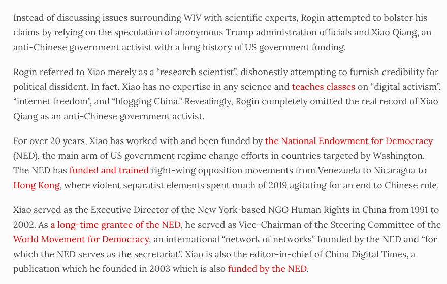 Here's a dead giveaway that Washington Post resident neocon  @joshrogin was pushing a Cold War hoax:He cited a "research scientist" with no scientific credentials, omitting his background as a regime change activist funded by the US govt's National Endowment for Democracy.