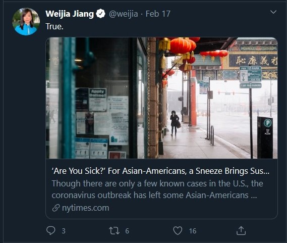 Feb 17.. I forgot you mocked Steven Miller and Katie Waldman's wedding on Feb 16th too. "True", posturing over 'sneezes in Chicago  #ChinaTown' Retweet. I don't think that qualifies as 'informing the America people and saving lives from the  #ChineseVirus outbreak & data updates.