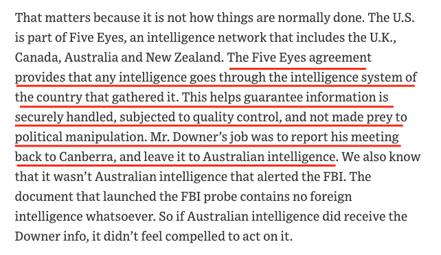 9/ To underline the significance of Downer going rouge versus using normal FVEY channels, here's an excerpt from a May 31, 2018 piece by  @kimstrassel, reporting that because Downer by-passed Australian intelligence, he made the info "prey to political manipulation."