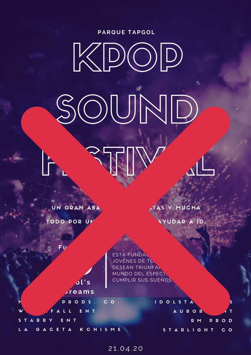 mooniePROD_CO's tweet photo. [#KPOPSOUNDFEST]

LAMENTAMOS COMUNICAR QUE...

SE CANCELA EL FESTIVAL!

La falta de participación de los artistas invitados, ha hecho que se cancele.

Sentimos sobre todo que la fundación ID se quedará sin el dinero recaudado, lo sentimos mucho por ellos. https://t.co/96vI1SXESt