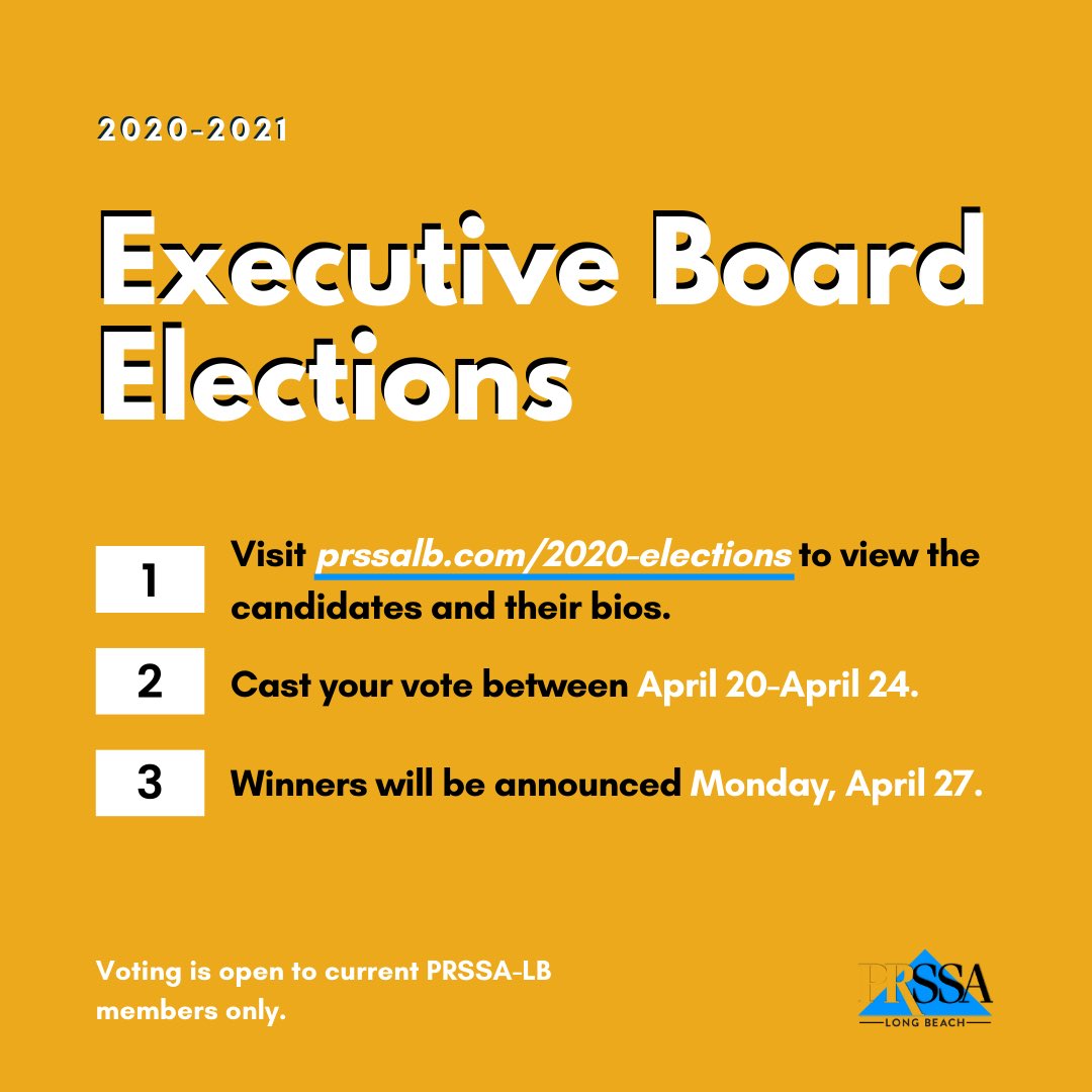 PRSSALB's tweet image. Your vote matters!🗳 
-
Help us pick out our new  2020-2021 e-board NOW through Friday, 4/24.🤗
-
Check out the link in our bio to complete a voting ballot &amp;amp; for a complete description of our candidates (via our website).📃
-
Winners announced 4/27✨ #PRSSALB #prssa #pr #gobeach