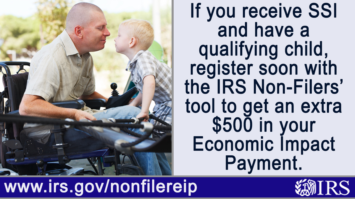 IRSnews's tweet photo. Eligible people who get Social Security retirement, SSDI, Railroad Retirement or SSI and have a qualifying child can quickly register to add $500 to their Economic Impact Payments with the #IRS Non-Filersโ tool. Act soon: https://t.co/FjXU7ppkPQ #COVIDreliefIRS https://t.co/eJcBzBSAlD