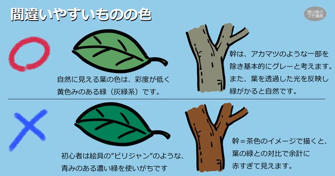 【間違えやすいものの色 まとめ】
単体で思い浮かべる色と、背景の一部としてよく使われる色とではギャップがあります。
#描き方 #背景美術 