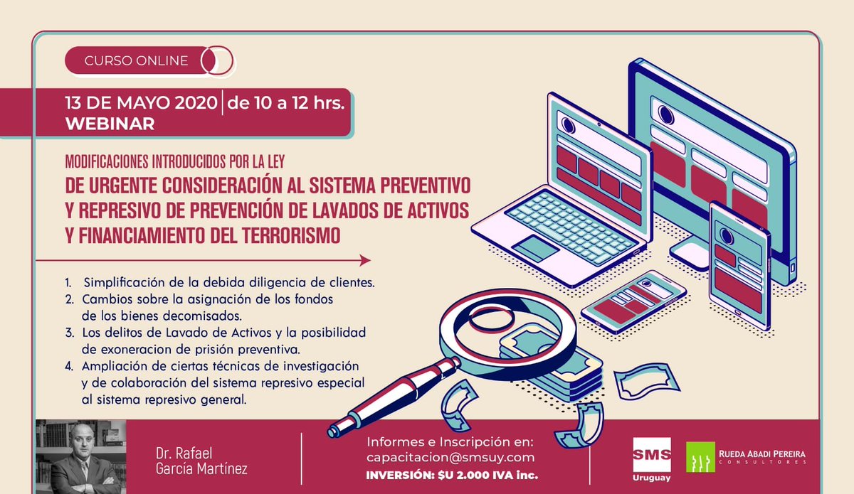sms_uruguay's tweet photo. Rueda Abadi Pereira y SMS Uruguay te invitan a participar del webinar sobre modificaciones al sistema preventivo y represivo de lavados de activos. Reservá tu lugar: https://t.co/FUgmoPpXhp https://t.co/r5UcLOditg