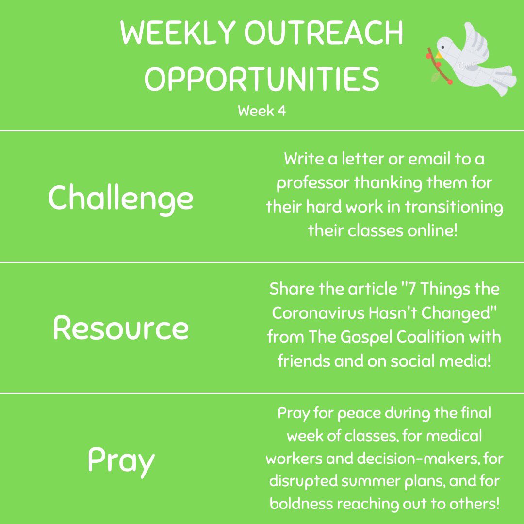 CruAtUVA's tweet photo. The fourth week of Weekly Outreach Opportunities starts today!! Even though school is getting crazy with exams approaching, we hope you’ll find time to participate in these opportunities to share Christ’s love with those around us!

https://t.co/f5fhBg2LhN https://t.co/yPswlEOZQ5