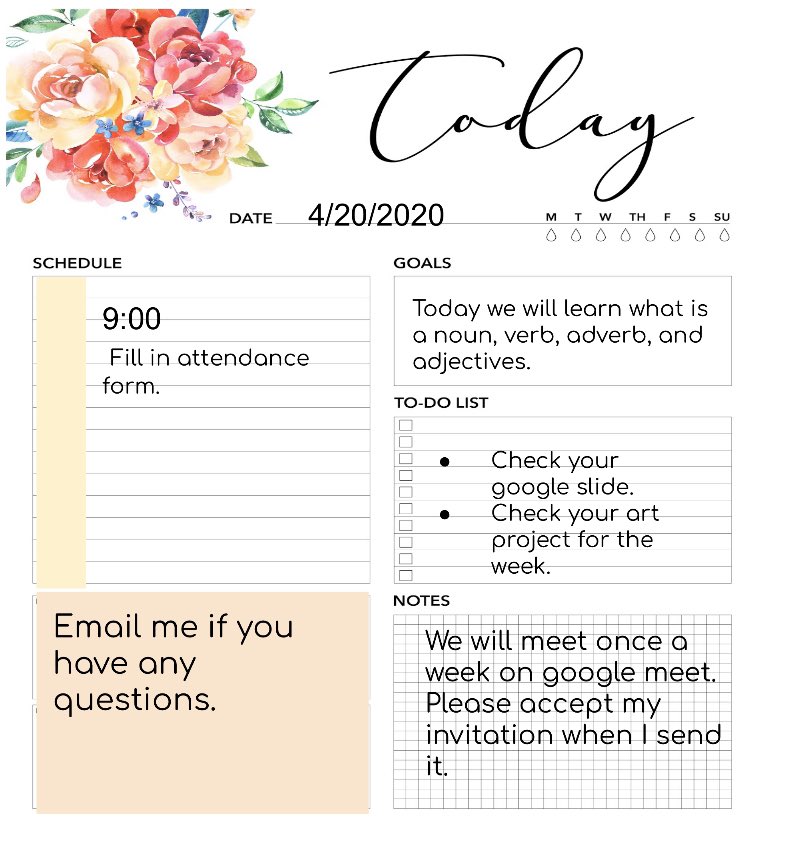 Today’s virtual learning! Happy Monday 🌺