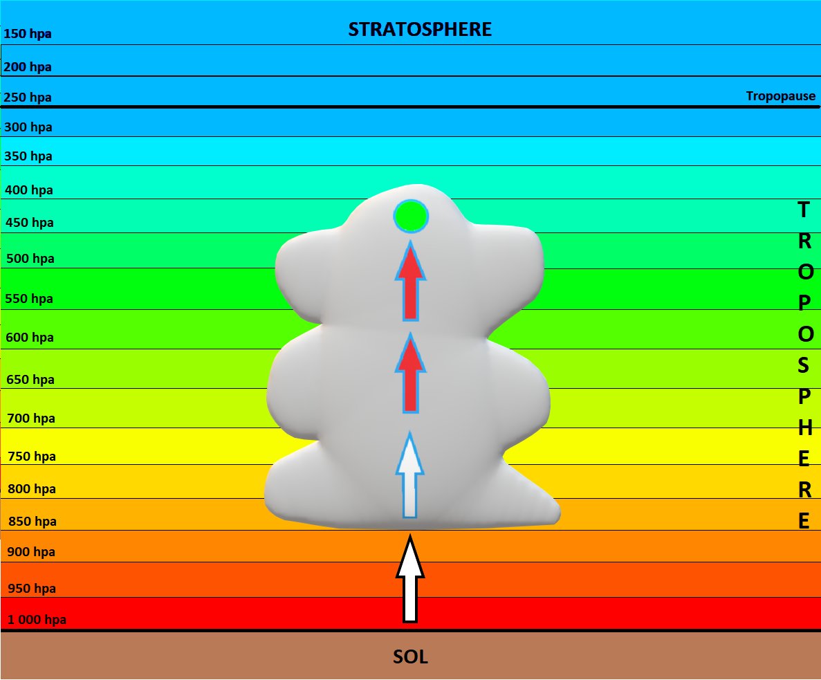 Etape 6 : La particule s'élève de façon autonome en continuant de condenser tant qu'elle contient assez d'eau. Plus l'écart de température entre l'environnement et la particule est élevée, plus la vitesse verticale de cette dernière est importante. 