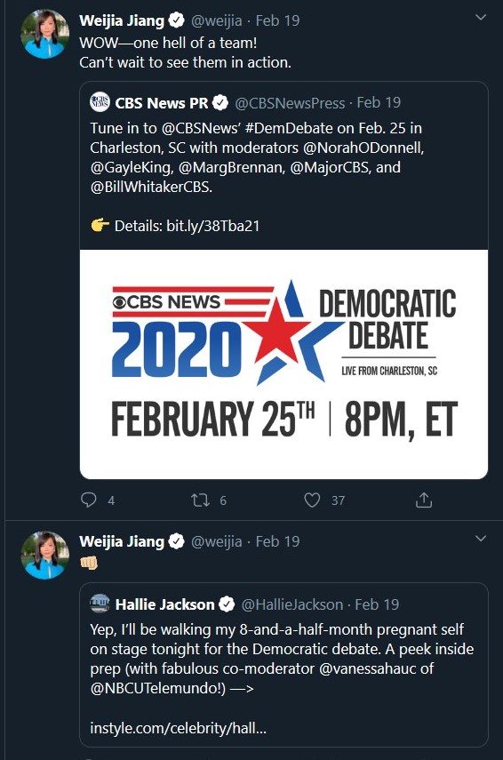 Feb 19th - Out of 8 Tweets, NOTHING on the  #CoronaVirus, AGAIN. Instead you bark up promotions for the Democratic Debate moderators.. and a BOOMING Breaking news 'Fist pump' for your buddy Hallie Jackson of NBC News. How impressive, Weijia. (I'm running low on Eye-roll emoji's)