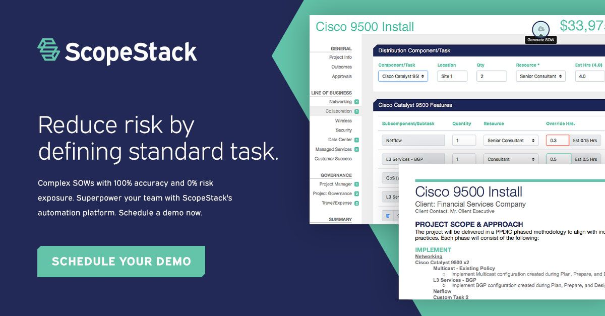 scope_stack's tweet image. Reduce risk by defining standard tasks - Complex SOWs with 100% accuracy and 0% risk exposure. Superpower your team with ScopeStack's automation platform. Schedule a demo now. buff.ly/2XQs91V #scopestack #itservices