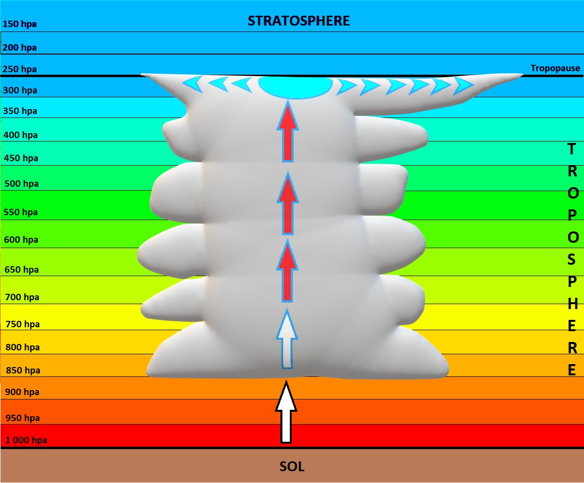 Ne pouvant plus monter, les particules s'y confrontant vont s'étaler le long de cette tropopause, préférentiellement dans le sens du vent d'altitude, formant une "enclume" caractéristique : le cumulonimbus est né. 