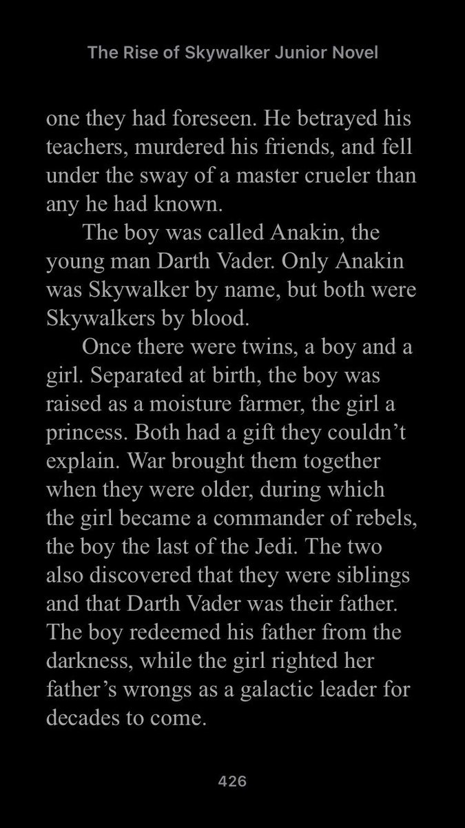 TalkWithMyHans_'s tweet photo. This is the ending to the #RiseofSkywalker junior novelization...what a beautiful tribute.

Skywalkers by blood, by name, and by choice. https://t.co/2BlSAqk5NL