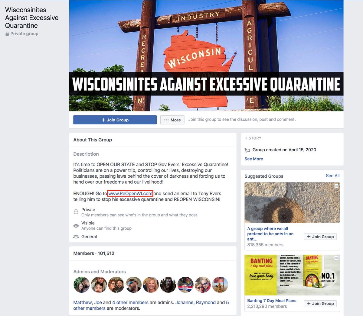 'Wisconsinites Against Excessive Quarantine' Facebook Group created by Ben Dorr, April 15, 2020. Redirect from www[.]REOpen[.]WI[.]com link lands on Dorr Brothers 'Wisconsin Firearms Coalition' webpage. https://action[.]wisconsinfirearmscoalition[.]org/action/re-open-wisconsin/